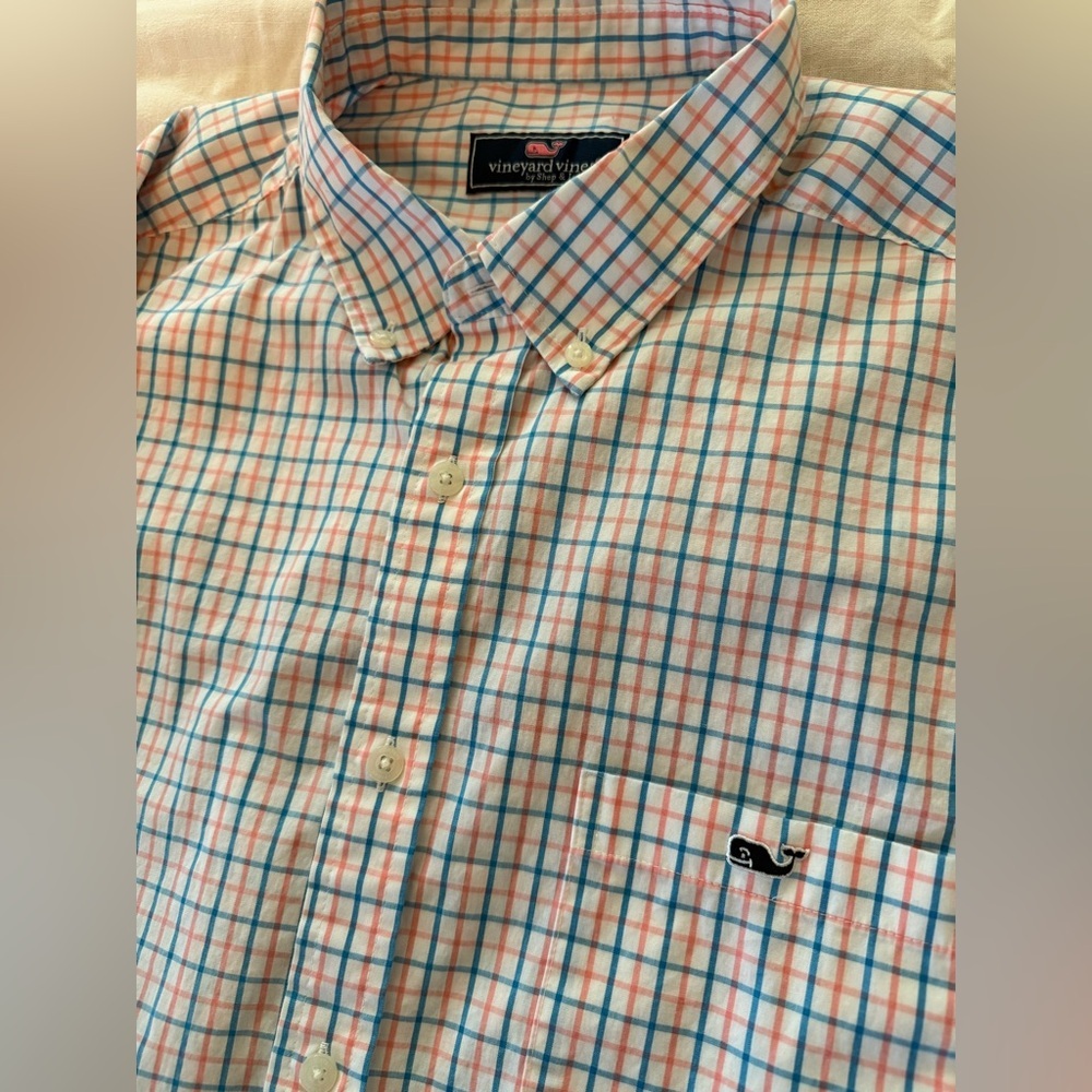 Vineyard Vines Men's Coral & Blue Plaid Button-Down Shirt size XL